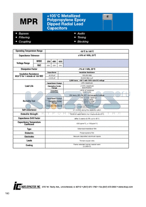 104MPR630K datasheet - 105`C Metallized Polypropylene Epoxy Dipped Radial Lead Capacitors