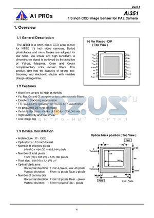 AI351 datasheet - a 480K pixels CCD area sensor for NTSC 1/3 inch video cameras