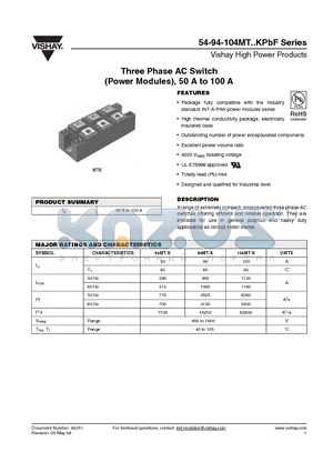 104MT100KPBF datasheet - Three Phase AC Switch (Power Modules), 50 A to 100 A