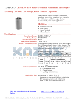 CGO382M045L datasheet - Ultra Low ESR Screw Terminal Aluminum Electrolytic Extremely Low ESR, Low Voltage, Screw Terminal Capacitors