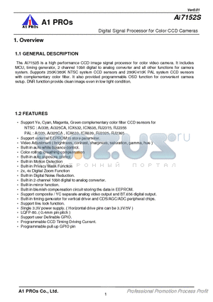 AI7152S datasheet - a high performance CCD image signal processor for color video camera. It includes MCU, timing generator