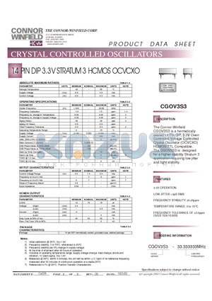 CGOV3S3 datasheet - 14 PIN DIP 3.3V STRATUM 3 HCMOS OCVCXO