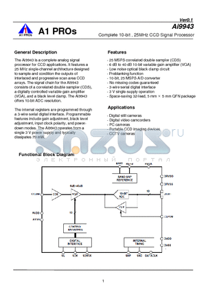 AI9943 datasheet - acomplete analog signal processor for CCD applications