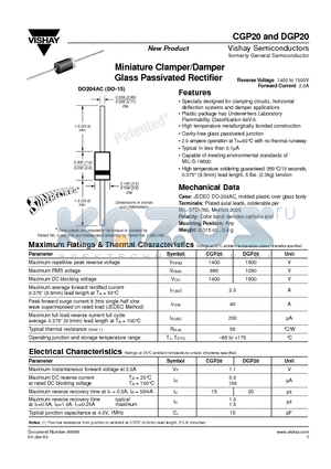 CGP20 datasheet - Miniature Clamper/Damper Glass Passivated Rectifier