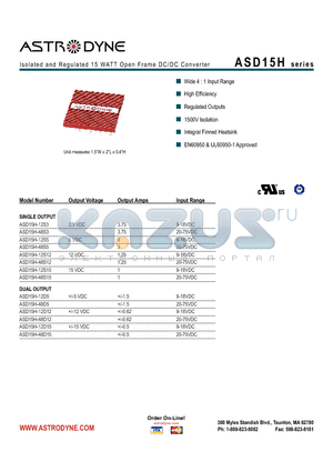 ASD15H-12D15 datasheet - Isolated and Regulated 15 WATT Open Frame DC/DC Converter