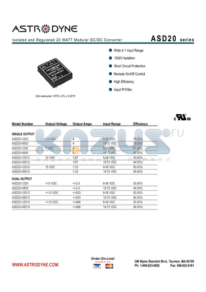 ASD20-12D12 datasheet - Isolated and Regulated 20 WATT Modular DC/DC Converters