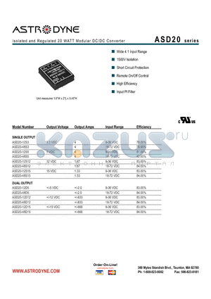 ASD20-12S12 datasheet - Isolated and Regulated 20 WATT Modular DC/DC Converters