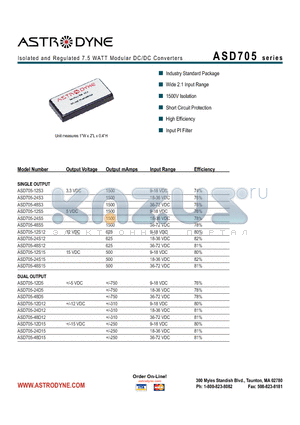 ASD705-12D5 datasheet - Isolated and Regulated 7.5 WATT Modular DC/DC Converters