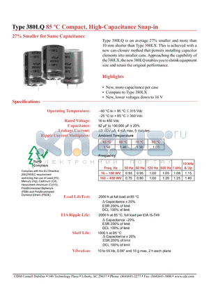 380LQ152M200A022 datasheet - 85 C Compact, High-Capacitance Snap-in