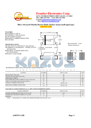 ASD751V-LFR datasheet - 30mA Advanced Schottky Barrier Diode (Surface mount small signal type)