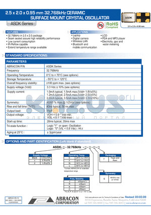 ASDK datasheet - 2.5 x 2.0 x 0.95 mm 32.768kHz CERAMIC SURFACE MOUNT CRYSTAL OSCILLATOR