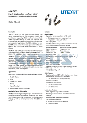 ASDL-3023 datasheet - IrDA Data Compliant Low Power 4Mbit/s with Remote Control Infrared Transceiver