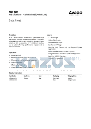 ASDL-4264 datasheet - High Efficiency T-1 n (5mm) Infrared (940nm) Lamp