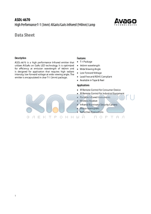 ASDL-4670-C31 datasheet - High Performance T-1 (3mm) AlGaAs/GaAs Infrared (940nm) Lamp