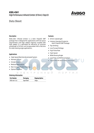 ASDL-4561 datasheet - High Performance Infrared Emitter (870nm) ChipLED