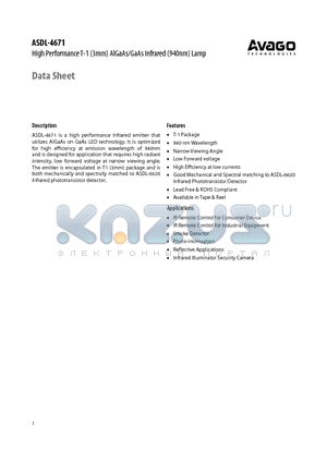 ASDL-4671-D22 datasheet - High Performance T-1 (3mm) AlGaAs/GaAs Infrared (940nm) Lamp