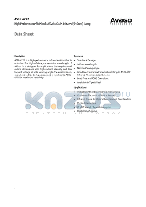 ASDL-4772-C22 datasheet - High Performance Side look AlGaAs/GaAs Infrared (940nm) Lamp