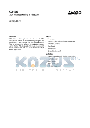 ASDL-6620-C31 datasheet - Silicon NPN Phototransistor in T-1 Package