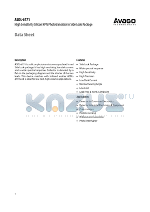 ASDL-6771 datasheet - High Sensitivity Silicon NPN Phototransistor in Side Look Package