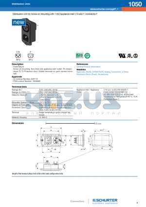 1050 datasheet - Distribution Unit for Screw-on Mounting with 1 IEC Appliance Inlet C14 and 1 -Connector F