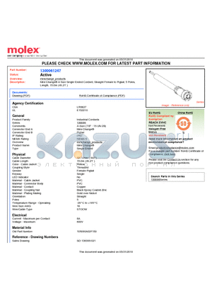 105000A02F150 datasheet - Mini-Change A-Size Single-Ended Cordset, Straight Female to Pigtail, 5 Poles, Length, 15.0m (49.21 )