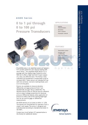 ASDX001D44M datasheet - 0 TO 1 PSI THROUGH 0 TO 100 PSI PRESSURE TRANSDUCERS SenSym ICT