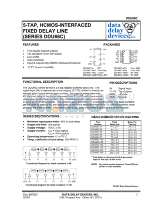 DDU66C-100D1 datasheet - 5-TAP, HCMOS-INTERFACED FIXED DELAY LINE (SERIES DDU66C)