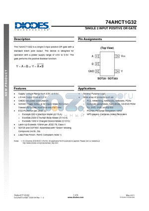 74AHCT1G32W5 datasheet - SINGLE 2 INPUT POSITIVE OR GATE