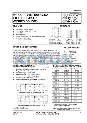DDU66F-10 datasheet - 5-TAP, TTL-INTERFACED FIXED DELAY LINE (SERIES DDU66F)