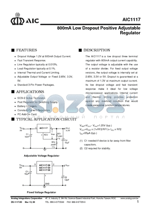 AIC1117-28CM datasheet - 800mA Low Dropout Positive Adjustable Regulator