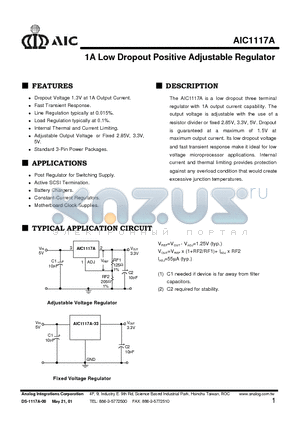 AIC1117A-28CT datasheet - 1A Low Dropout Positive Adjustable Regulator