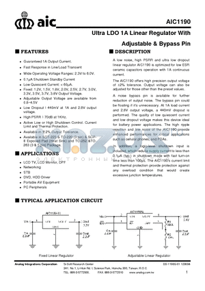 AIC1190 datasheet - Ultra LDO 1A Linear Regulator With Adjustable & Bypass Pin