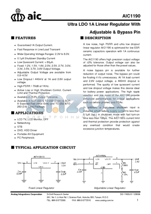 AIC1190-XXGY3 datasheet - Ultra LDO 1A Linear Regulator With Adjustable & Bypass Pin