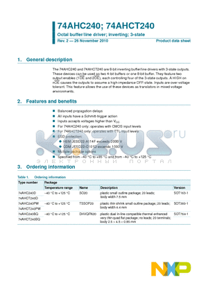 74AHCT240BQ datasheet - Octal buffer/line driver; inverting; 3-state