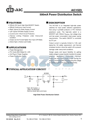 AIC1523 datasheet - 500mA Power Distribution Switch