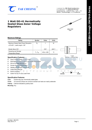 1N4750A datasheet - 1 Watt DO-41 Hermetically Sealed Glass Zener Voltage Regulators