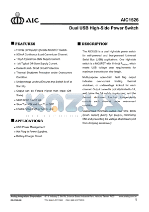 AIC1526-0CN datasheet - Dual USB High-Side Power Switch