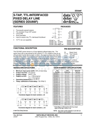 DDU66F-75B2 datasheet - 5-TAP, TTL-INTERFACED FIXED DELAY LINE (SERIES DDU66F)