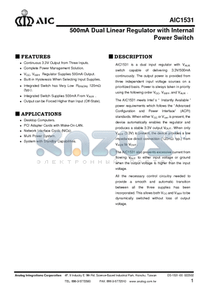 AIC1531 datasheet - 500mA Dual Linear Regulator with Internal Power Switch