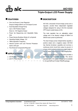 AIC1533CLTR datasheet - Triple-Output LCD Power Supply