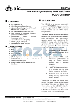 AIC1550CPTR datasheet - Low-Noise Synchronous PWM Step-Down DC/DC Converter