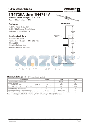 1N4751A datasheet - 1.0W Zener Diode