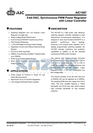 AIC1567CS datasheet - 5-bit DAC, Synchronous PWM Power Regulator with Linear Controller