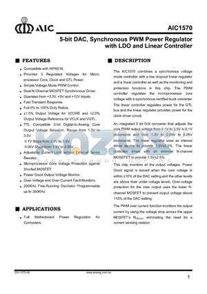 AIC1570 datasheet - 5-bit DAC, Synchronous PWM Power Regulator with LDO and Linear Controller