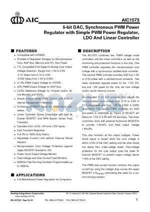 AIC1573 datasheet - 5-bit DAC, Synchronous PWM Power Regulator with Simple PWM Power Regulator, LDO And Linear Controller