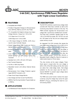 AIC1574CS datasheet - 5-bit DAC, Synchronous PWM Power Regulator with Triple Linear Controllers