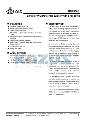 AIC1580CS datasheet - Simple PWM Power Regulator with Shutdown