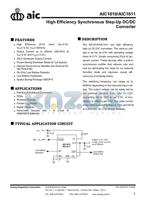 AIC1610 datasheet - HIGH EFFICIENCY SYNCHRONOUS STEP-UP DC/DC CONVERTER