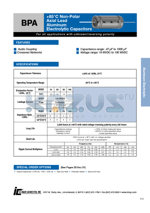 105BPA050M datasheet - 85`C Non-Polar Axial Lead Aluminum Electrolytic Capacitors