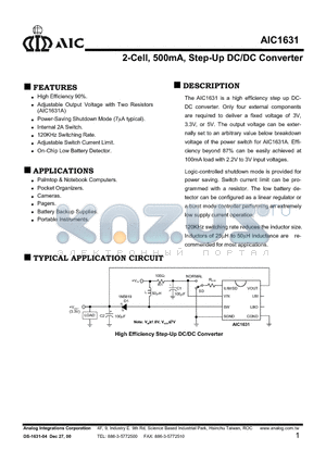 AIC1631-5CS datasheet - 2-Cell, 500mA, Step-Up DC/DC Converter